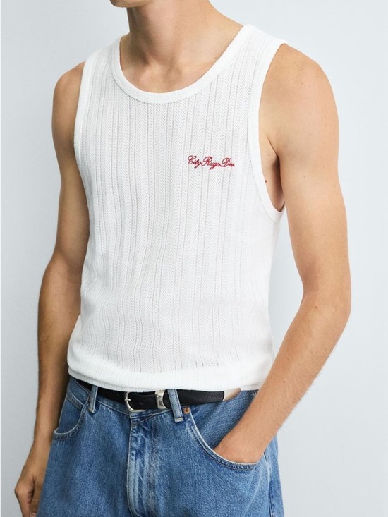 Zara Other - Zara Men’s Ribbed Knit Tank Top White “Cité Regne Dieu” Size L